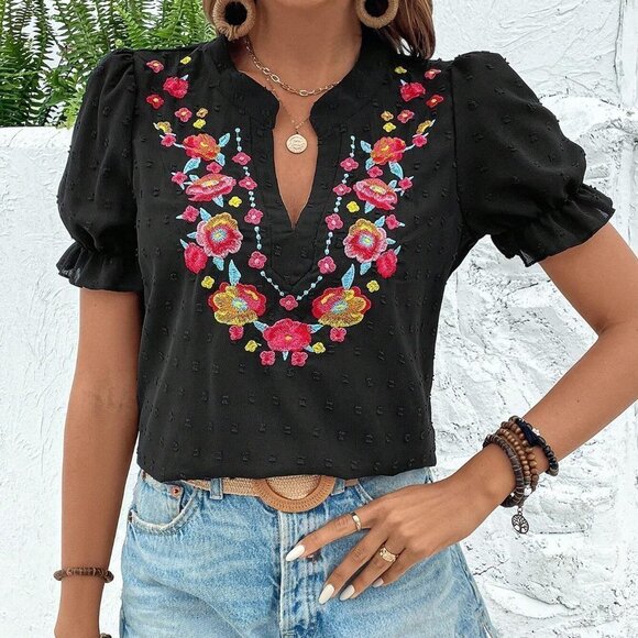 Black Boho Womens Floral Embroidery Notched Neckline Puff Sleeve Blouse - Picture 5 of 5